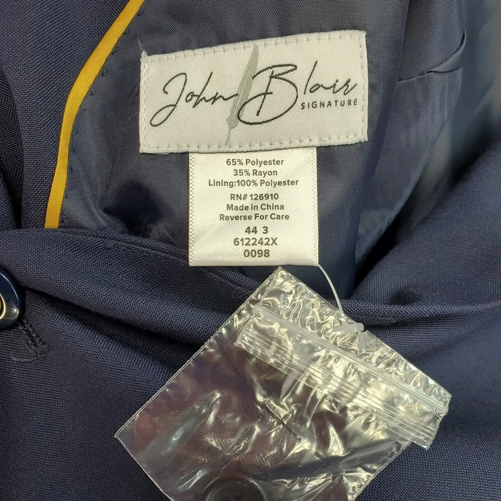 John Blair Signature Blazer Jacket Men 44 Blue Rayon Notch Lapel Single Breasted